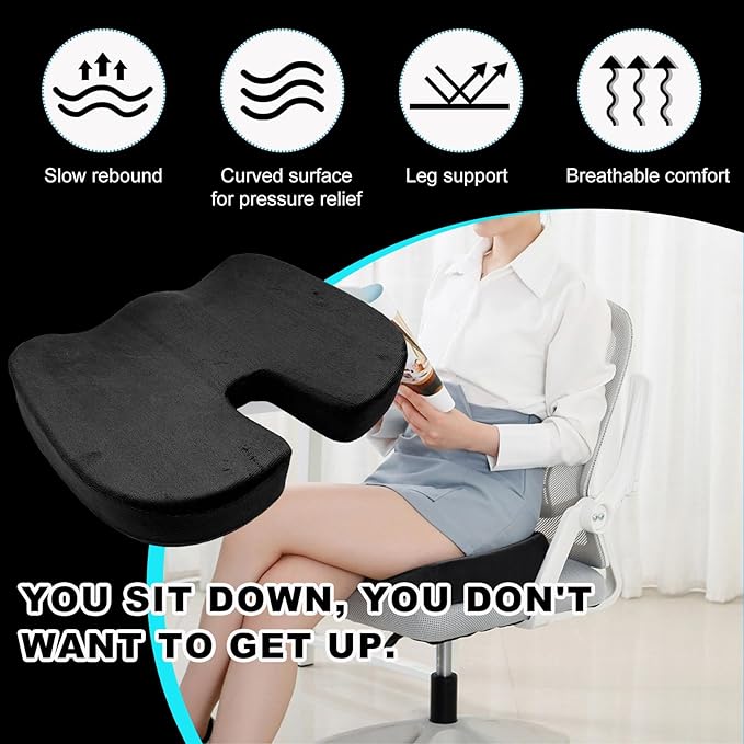 Memory Foam Seat Chair Cushion, Comfortable Auto Cushions for Long Periods of Sitting, Pregnancy Car Seat Cushion for Back, Coccyx & Sacrum Pain Relief, Car Accessories (Black)