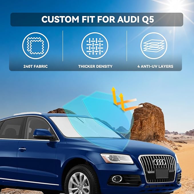 Windshield Sun Shade for Audi SQ5 2014-2017/Audi Q5 2009-2017 - 4 Layers Car Sunshades for Front Windows Shade Cover Custom Fit Q5 Sun Visor 240T Retractable Shade Blocks UV Rays Car Accessories