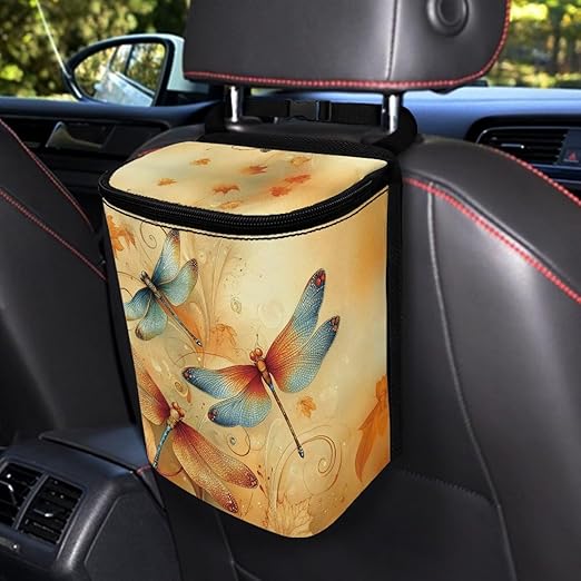 Car Trash Can with Lid Hanging Car Trash Bag Leak-Proof Portable Cars Garbage Bin Sedan Accessories Interior Cars Organizer, Dragonfly Print