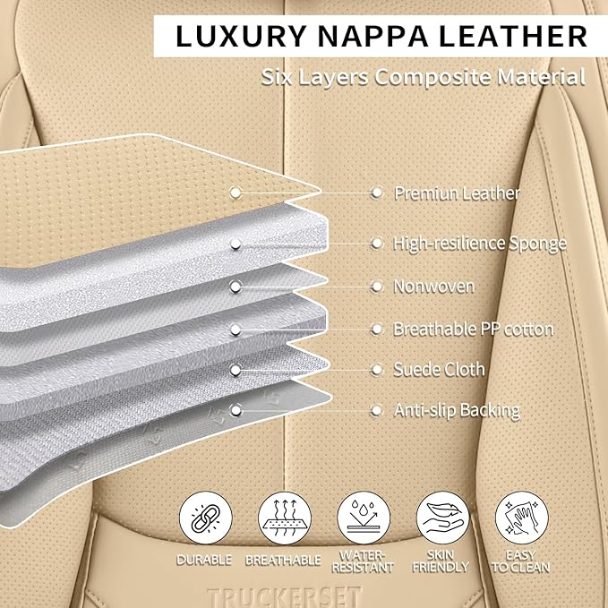 truckerset Car Seat Covers, Leather Seat Covers for Cars Full Set, Waterproof and Breathable Suitable for Most SUV/Truck/Sedan/Automotive 5 Pack(Beige)