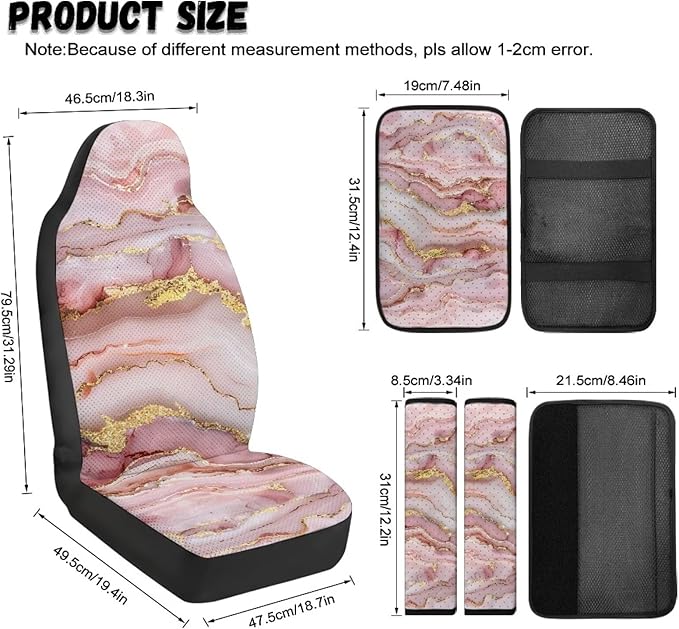 Qeluxign Automotive Seat Covers 5 Piece Universal Fit Pink Gold Marble Car Accessories with Soft 2 Pack Seat Belt Cover Pads and Center Console Armrest Covers for SUV Truck Interior Set