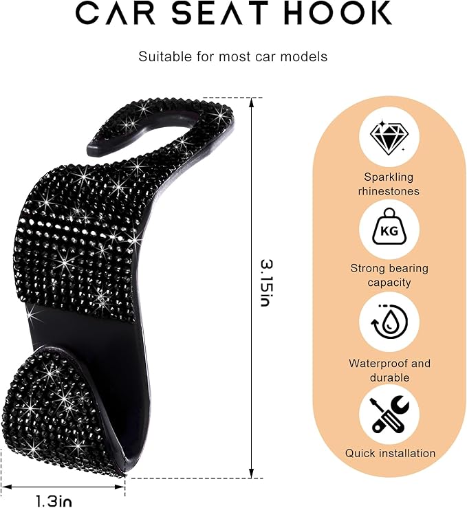 4 PCS Car Seat Headrest Hooks, Bling Rhinestone Purse Hook Vehicle Back Seat Hanger, Sparkling Crystal Headrest Hangers Storage Organizer for Grocery Bag Handbag Coats (Black)