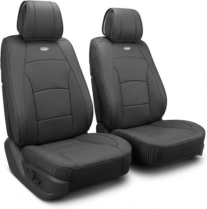 FH Group Front Set Faux Leather Seat Cushions - Car Seat Covers for Low Back Seat, Universal Fit, Airbag Compatible Car Seat Cover for SUV, Sedan, Solid Black