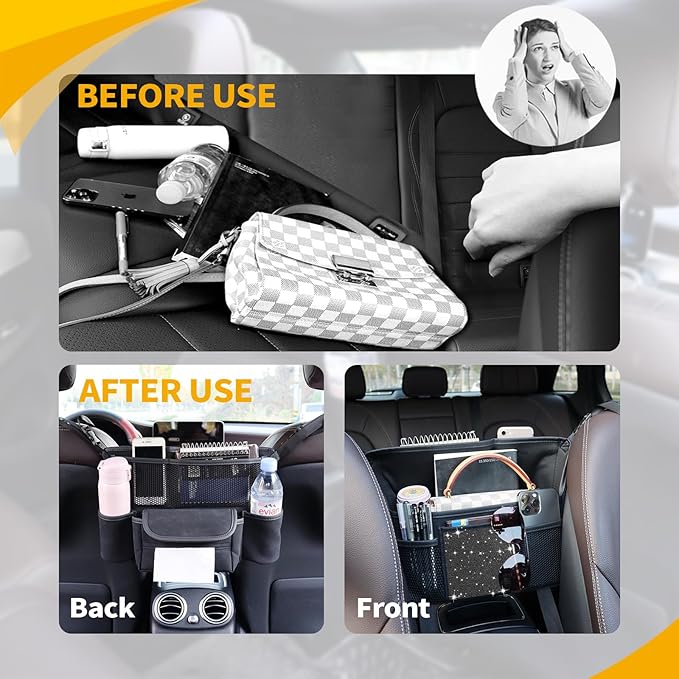 Black Diamond Car Handbag Holder Between Seats Bling Rhinestone Car Storage Bag Large Capacity Purse Phone Ipad Automotive Consoles Organizer Safe Barrier of Backseat Pet Kids…