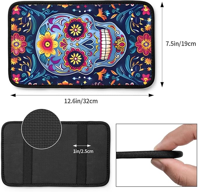 Funny Sugar Skulls Flower Car Center Console Cover Universal Car Armrest Cover Waterproof Auto Armrest Seat Box Mat Protector Decor Car Center Console Cushion Pad for Most Vehicle SUV Truck Car