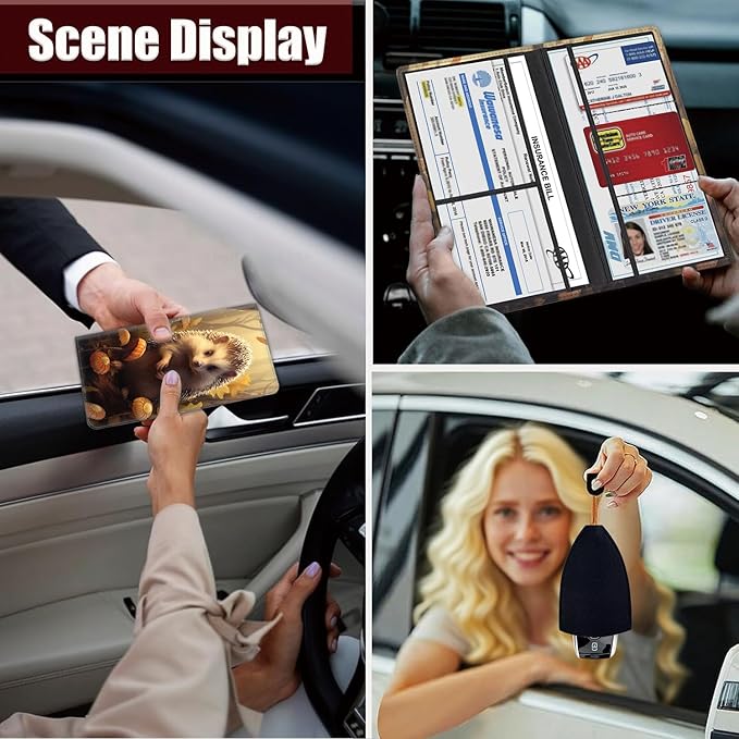 Yuxcfhjfe Car Registration and Insurance Holder, PU Leather Auto Document Holder for Men&Women, Vehicle Glove Box Compartment Organizer with Magnetic Shut for Driver's License, Hedgehog Pattern