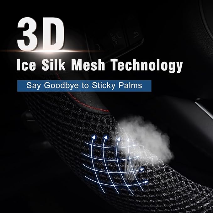 KAFEEK 15 inch Steering Wheel Cover, Cooling Ice Silk Mesh with Microfiber Leather, Ultra Breathable, Anti Slip Car Grip, Heat Resistant Summer Cool, Universal Fit, Black