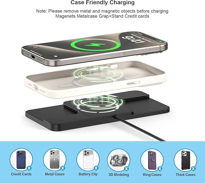 Wireless Charger Car Magnetic Charging pad Fast Wireless Phone Charger Cell Phone Cordless Charging mat Compatible with iPhone 16/15/14/13/12, Airpods Earbuds(C11MAG)