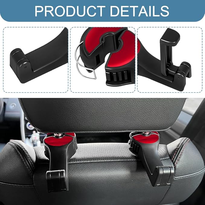 2PCS Car Headrest Hidden Hook, Bag Holder for Car, 2 in 1 Auto Seat Hooks with Phone Holder, 360° Rotation Adjustable Vehicle Back Seat Storage Hanger for Purses and Bags (Red)