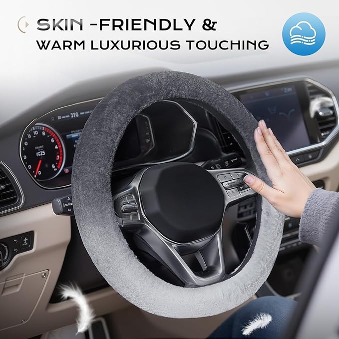 Coverado Winter Fluffy Steering Wheel Cover, Upgraded Anti-Slip Fuzzy Furry Car Steering Wheel Cover, Universal 14-15 inch, Soft Plush, Warm, No Odor, Luxurious Decoration for Women Men, Gradient Gray