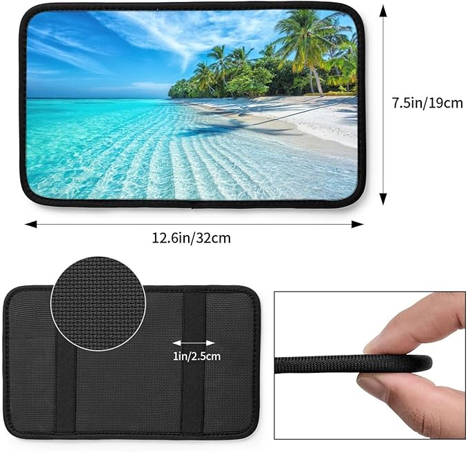 DORKEIXIA Beach Tropical Palm Tree Waves Travel Island Auto Center Console Armrest Pad Universal Car Center Console Cover Seat Box Cover for Sedan, Van, SUV, Truck Car Accessorie