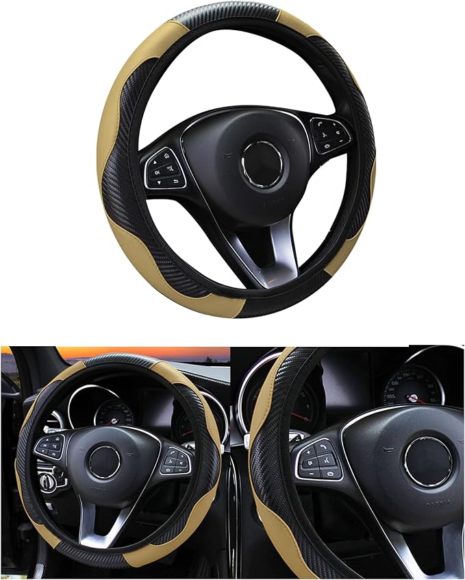 Car Steering Wheel Cover, 15 inch Carbon Fiber Microfiber PU Leather Elastic Steering Wheel Protector for Men Women, Anti-Slip Breathable Car Interior Accessories for Most Cars (Beige)