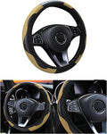 Car Steering Wheel Cover, 15 inch Carbon Fiber Microfiber PU Leather Elastic Steering Wheel Protector for Men Women, Anti-Slip Breathable Car Interior Accessories for Most Cars (Beige)