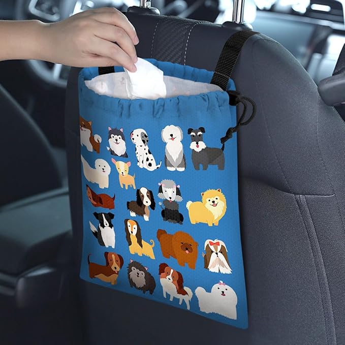 GEGEPINK Car Trash Bag Hanging Back of Seat Waterproof Small Cute Printed One-Handed Strap Drawstring Garbage Bags for Car-Cute Animal Dogs