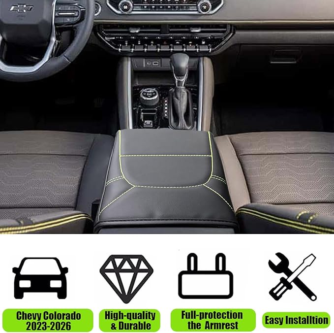 Center Console Cover for Chevy Colorado/GMC Canyon - Soft Armrest Cover for Colorado Canyon 2023 2024 2025 2026 ZR2 Z71 Trail Boss LT WT Elevation AT4 Denali AT4X Accessories - Yellow Stitch
