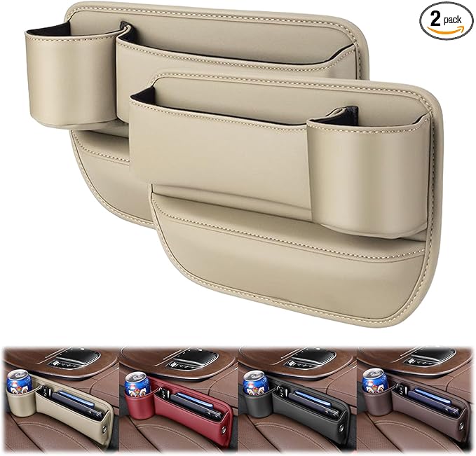 Peticehi Car Leather Cup Holder Gap Bag, No Logo Leather Car Seat Storage Box with Water Cup Holder, Car Seat Gap Filler Organizer (for 1 Pair,Beige)