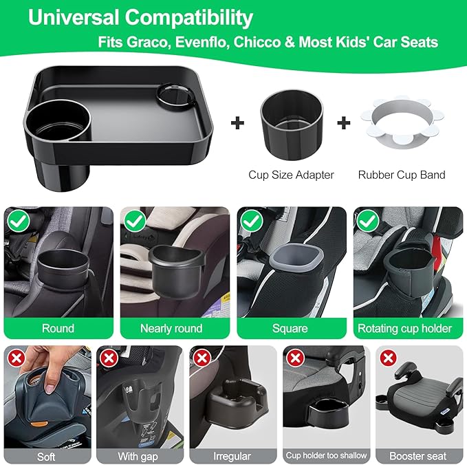 (2 Pack) Car Seat Tray for Kids Travel, Carseat Tray for Food Toddler, Car Seat Table Tray, Car Seat Cup Holder Snack Tray for Graco, Evenflo, Chicco, Rotatable Removable Family Road Trip Essentials