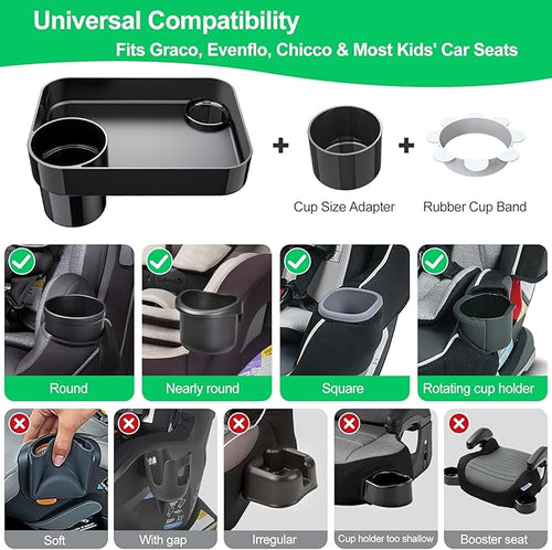 (2 Pack) Car Seat Tray for Kids Travel, Carseat Tray for Food Toddler, Car Seat Table Tray, Car Seat Cup Holder Snack Tray for Graco, Evenflo, Chicco, Rotatable Removable Family Road Trip Essentials