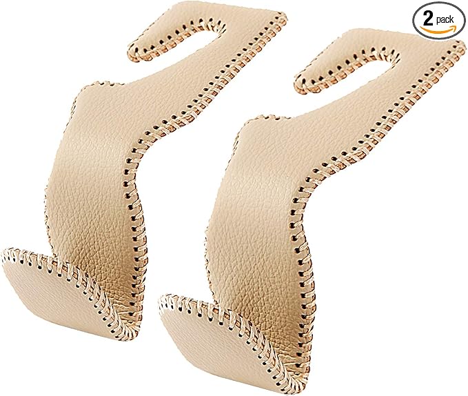 AMVOYOA Headrest Hooks for Purses and Bags, Car Back Seat Headrest Hanger Vehicle Beige Leather Storage Hook, Pack of 2