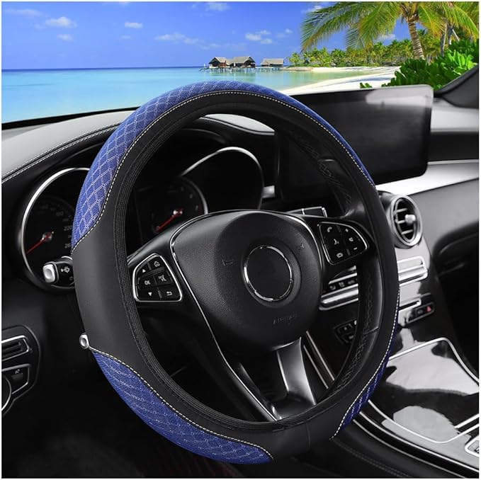 Elastic Car Steering Wheel Cover, 14.5-15 Inch Leather Non Slip Vehicle Steering Wheel Protecter Without Inner Ring, Auto Interior Protection Accessories, Universal Fit (Blue)
