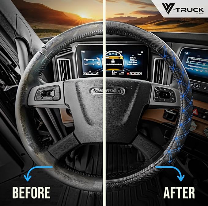 Genuine Leather Steering Wheel Cover for Semi Truck – 18" X-Large, Diamond Stitching, Anti-Slip Grip, Fits 18 Inch Wheels for Big Rig, RV & 18 Wheeler Trucks (Black/Blue)