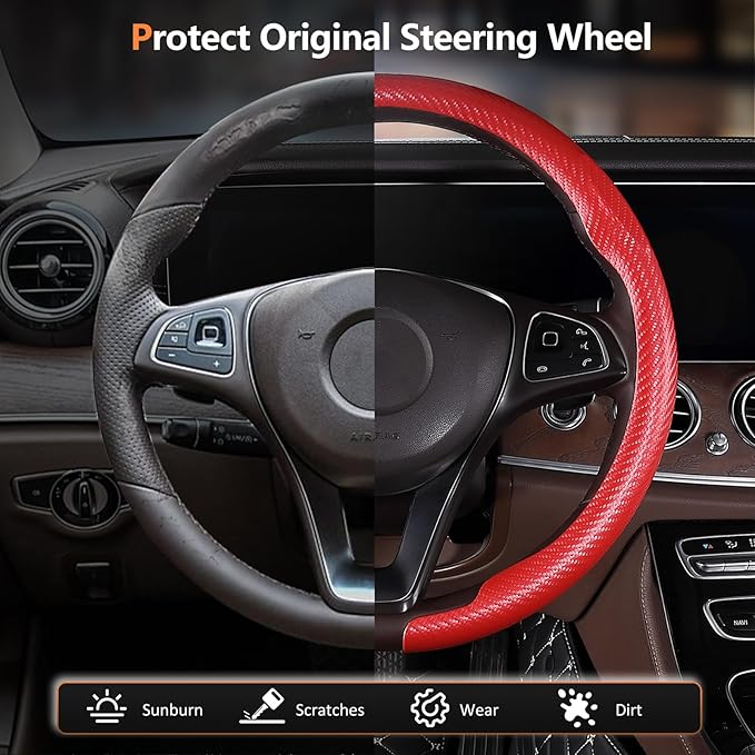 Aimato Carbon Fiber Steering Wheel Cover 2 Piece Non-Slip Clip on Steering Wheel Cover,Ultra-Thin Breathable,Universal Fit 14.5"-15" Wheel,Matte Red
