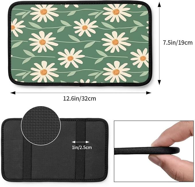 Car Center Console Cover Green Floral Hippie Armrest Seat Console Daisy Sage Green Armrest Lid Cover Arm Rest Covering for SUV Truck Van Sedans Middle Console Cover