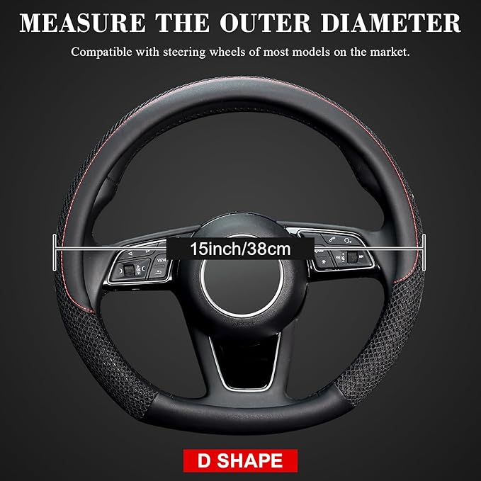 KAFEEK D Shape Steering Wheel Cover, Universal 15 inch, Microfiber Leather Viscose, Breathable, Anti-Slip,Warm in Winter and Cool in Summer, Black