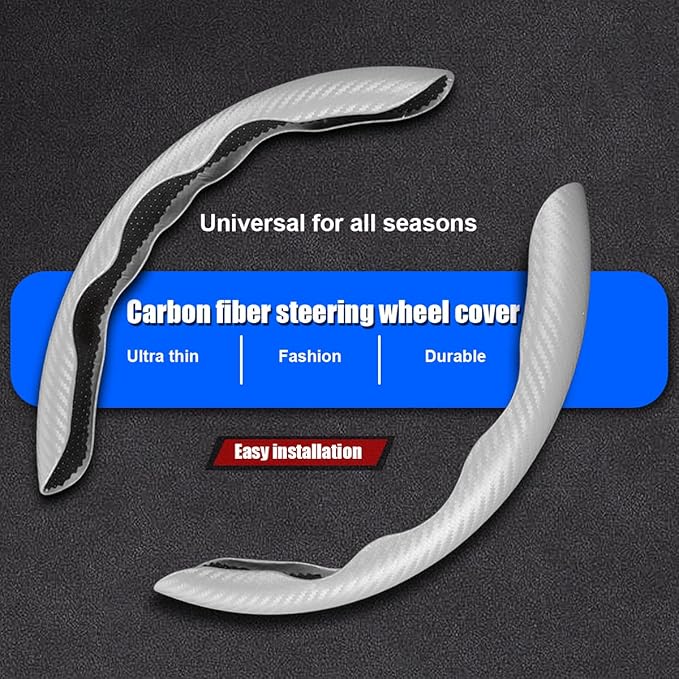 Car Steering Wheel Cover, Carbon Fiber PU Leather Segmented Steering Wheels Protector, Breathable Anti Slip Durable Auto Interior Accessories for Women Men (Carbon Fiber White)