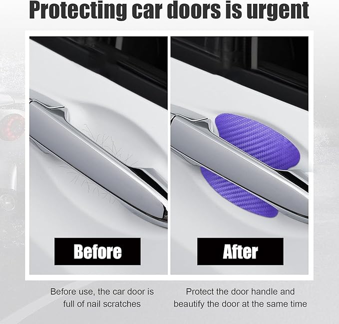 Kewucn 4PCS Car Door Handle Sticker, Carbon Fiber Auto Door Side Handle Protective Films, Anti-Scratch Vehicle Door Cup Protector, Universal Exterior Accessories for Most Cars (Purple)
