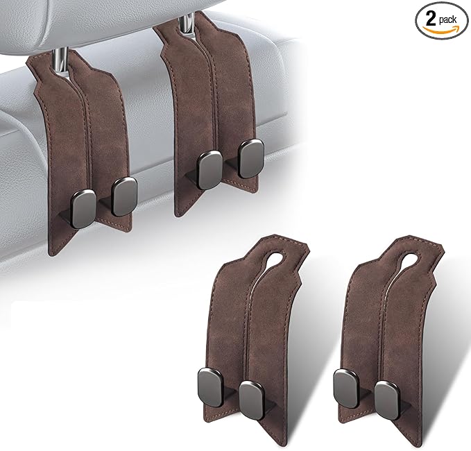 2Pcs Car Headrest Hooks with Premium Leather, Upgraded Double Metal Hooks with Anti-Drop Design, Universal Back Seat Hanger for Bags, Coats, Purses and Groceries (Classic Brown)