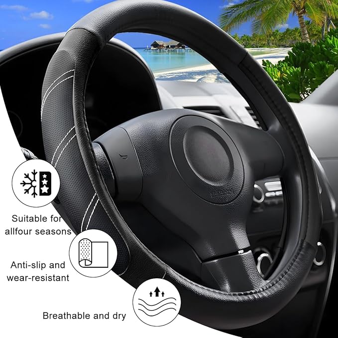 Car Steering Wheel Cover, 15 Inch Carbon Fiber Leather Non-Slip Steering Wheel Protector with Lining, Breathable Automotive Interior Accessories, Universal for SUV RV Truck (Black)