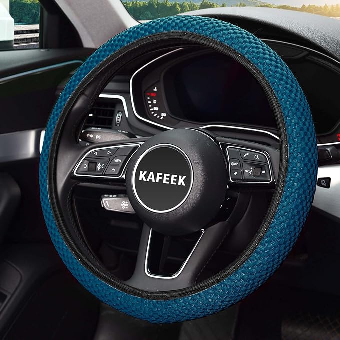 KAFEEK Elastic Stretch Steering Wheel Cover, Breathable Ice Silk Microfiber, Non-Slip Grip, Warm in Winter and Cool in Summer, Odorless, Car Accessories Fit Cars, Sedans, SUVs, Sky Blue