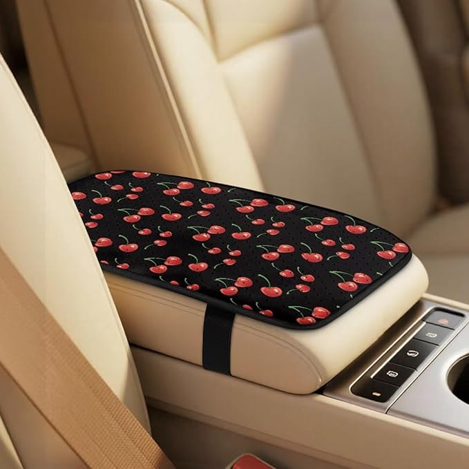 Qeluxign Cherry 5-Piece Car Accessories Set Universal Fit PU Leather Seat Covers Seatbelt Pads and Armrest Cover for Cars, Trucks, SUVs