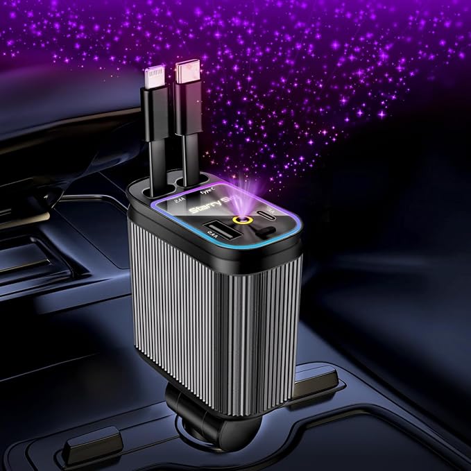 Retractable Car Charger, 4 in 1 Fast Charging Car Charger USB-C & USB-A Compatible with iPhone 16/15/14/13/12/11,Galaxy,Pixel