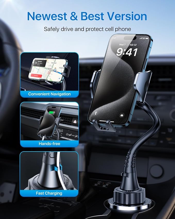 andobil Upgraded, Solidest 15in Cup Phone Holder for Car, Stable & Adjustable, Long Gooseneck Car Phone Holders for Your Car Truck Fit for iPhone 17 Pro Max 16 15 14 13 Pro Max, Grey