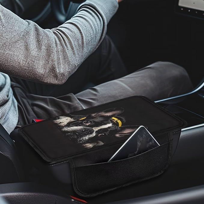 Boatee Dog Console Cover for Car Arm Rest Pad for Auto Center Console Mat Universal Armrest Cushion Automotive Accessories Comfortable Armrest Storage Box Mat Stylish Decor with Pockets Black