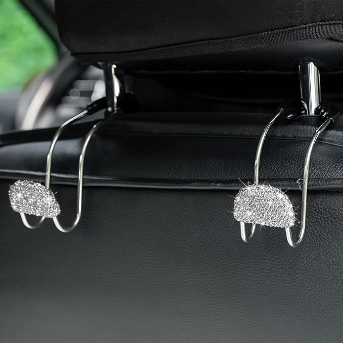 AUCELI Car Headrest Hook, 2 Pack Bling Backseat Organizer Hanger for Purse Clothes Grocery Bag, Rhinestones Auto Headrest Storage Holder, Universal Car Seat Accessories for Most Vehicle (White)