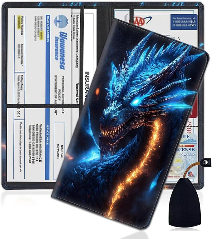 Car Document Holder with Magnetic Shut, Car Registration and Insurance Card Holder, Vehicle Glove Box Organizer Documents, Driver License, Auto Paperwork Organizer Wallet, Blue Dragon Breathing Fire