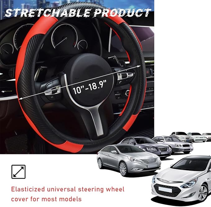 Car Steering Wheel Cover, 15 Inch Leather Breathable Auto Steering Wheel Protector, Comfortable Non-Slip Vehicle Steering Wheel Covers, Universal Interior Car Accessories (Black+Red)