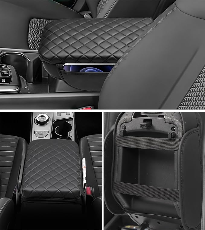 Center Console Armrest Cover for Kia Sportage 2023 2024 2025 2026 Accessories Arm Rest Lid Pad with Side Pockets, Black Faux Leather