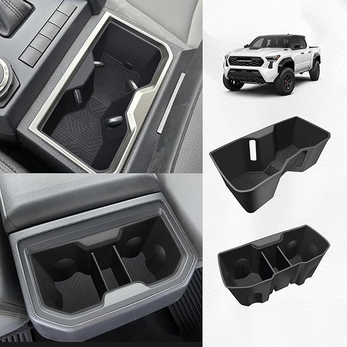 Muslogy Center Console Front&Rear Cup Holder Inserts Compatible with 2024 2025 Toyota Tacoma Accessories Middle Console and Rear Armrest CupHolder Silicone Rubber Organizer 2PCS Set