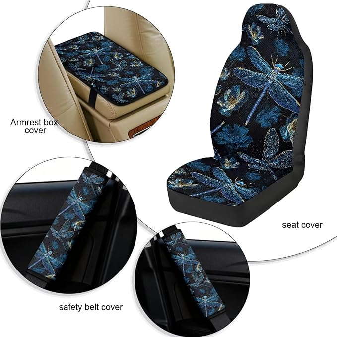 Qeluxign Dragonfly Floral 5 Piece Car Seat Covers Set for Women Men PU Leather Seat Covers Belt Pads and Armrest Cover Universal Fit Car Accessories