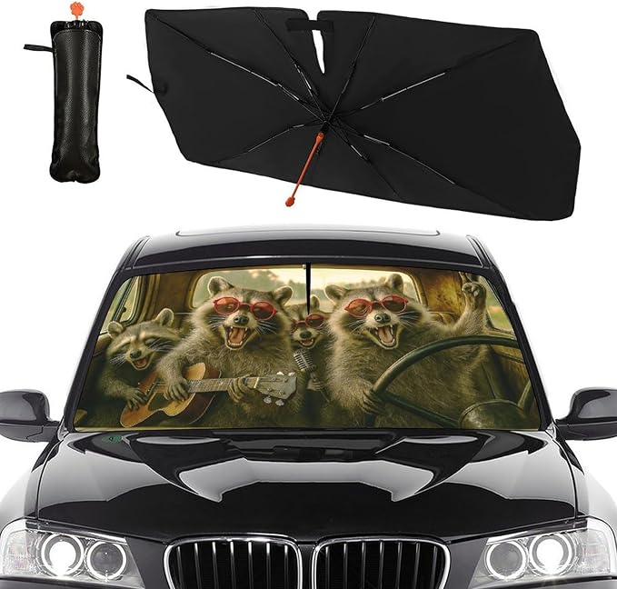 DOPINDU Funny Raccoon Car Windshield Sun Shade Umbrella Bendable Handle Foldable Animal Print Sunshade for Car Windshield Block UV Rays Keep Vehicle Cool for Most Sedans SUV Trucks Cars 57"x30"
