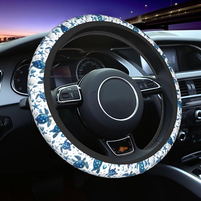 Sea Turtle Steering Wheel Cover Elastic Non-Slip Car Steering Wheel Covers with Seat Belt Shoulder Pad for Women Men