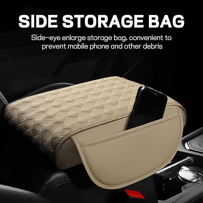 Hbxdeco Car Armrest Cushion, 12.2"×8.3" Leather Auto Memory Foam Center Console Pad with Storage Pocket, Waterproof & Anti-Scratch Elbow Pillow Armrest Seat Box Protector, Universal Fit (Beige)