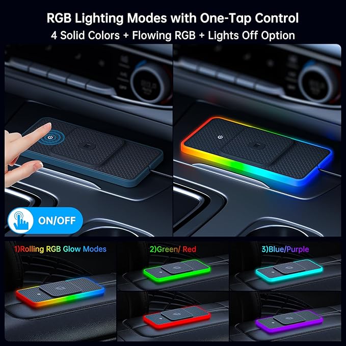 Wireless Car Charger Pad, REESTECQI 15W RGB Wireless Charger for Car Type C Non Slip Charging Pad for Car Compatible with Airpods iPhone16/15/14/13/12, Samsung Google (30CM+ 70CM Extension)