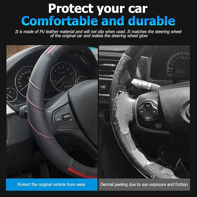 Car Steering Wheel Cover, Genuine Leather Non Slip Vehicle Steering Wheel Protector, Breathable & Soft Auto Interior Protection Accessories, Universal for SUV Sedan Truck (Black/Red)