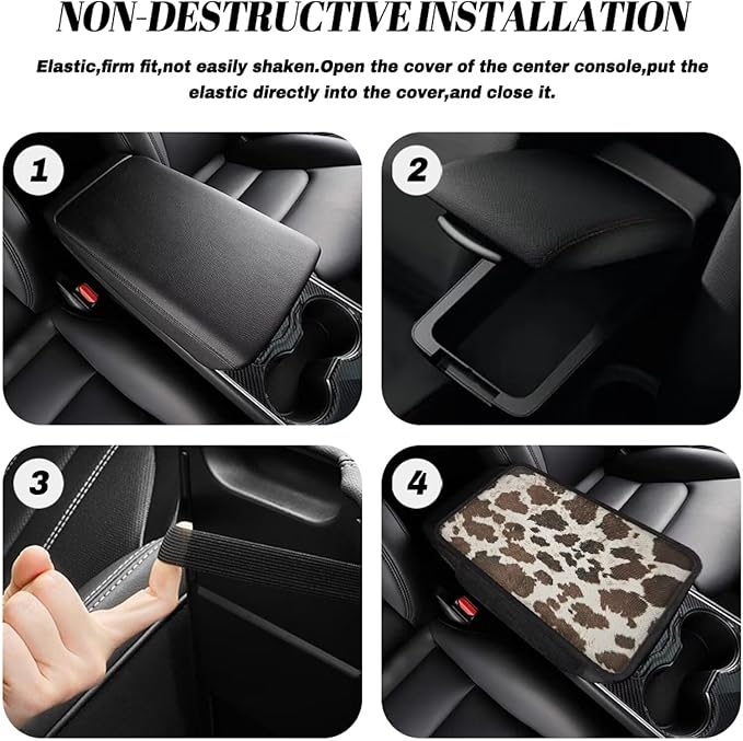 Boatee Cow Print Auto Center Console Cover Armrest Pad for Car Console Mat Universal Arm Rest Organizer for Vehicle Interior Protector Automotive Accessories Stylish Armrest Storage Box Mat Brown