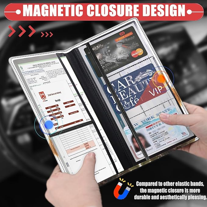Car Document Holder with Magnetic Shut, Car Registration & Insurance Card Holder, Waterproof PU Leather Glove Box Organizer Vehicle Accessories Driver License for Women/Men, Sloth with Coffee